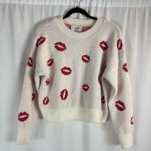 Pink Rose Cream Sweater with Red Lip Print